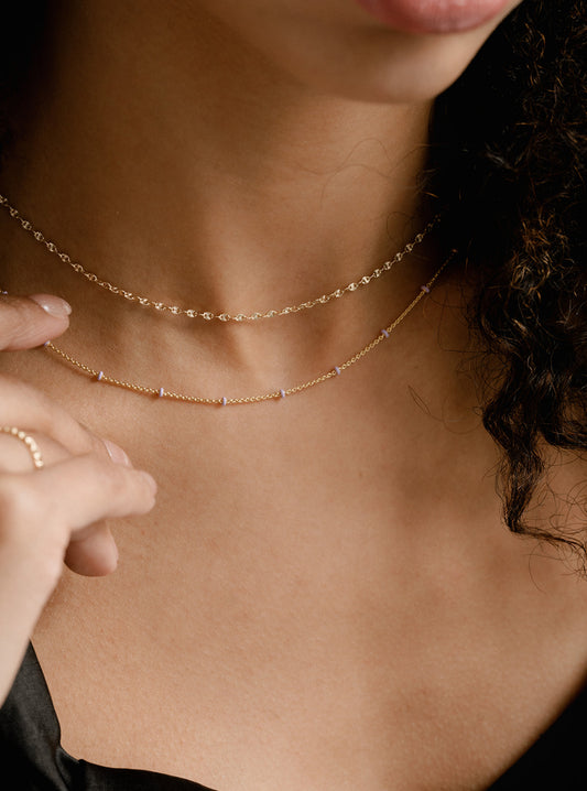 14k Solid Gold Lilac Enamel Bead Chain