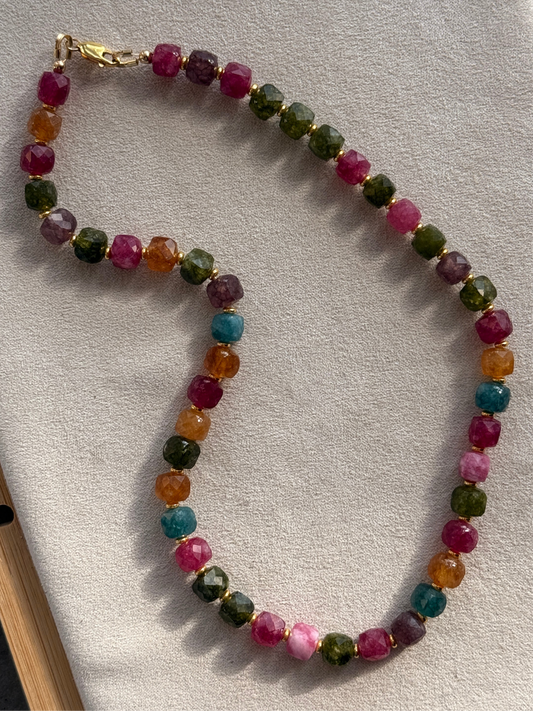 Tourmaline Cube w/ Gold Plated Spacers 15”