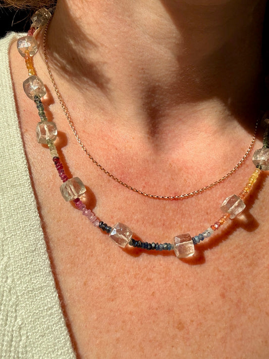 Cube Clear Quartz + Rainbow Sapphire Necklace