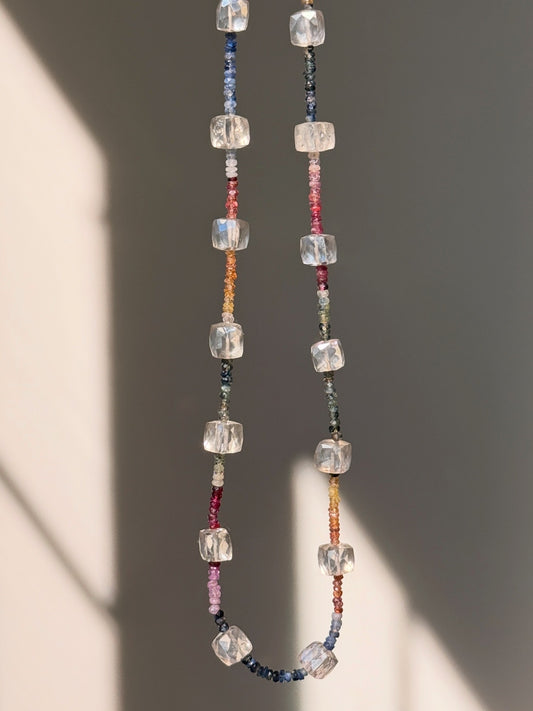 Cube Clear Quartz + Rainbow Sapphire Necklace
