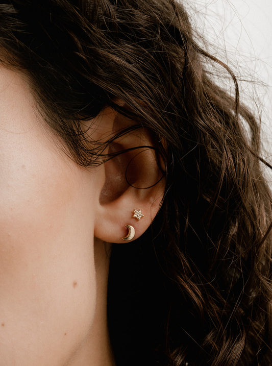 14k Solid Gold Moon Studs