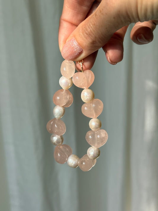 Rose Quartz Hearts + Pearl Bracelet