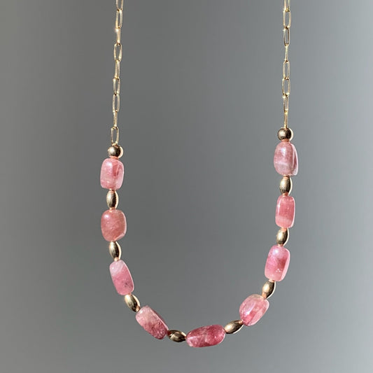 Pink Tourmaline & Gold Draped Necklace