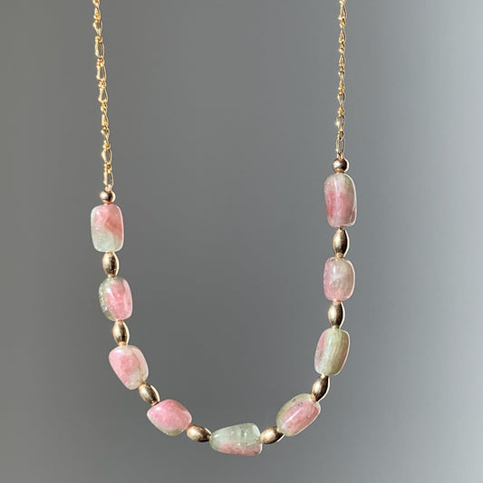 Watermelon Tourmaline & Gold Draped Necklace