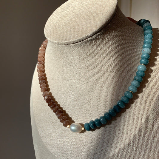 Blue, Brown and Pearl Beaded Necklace