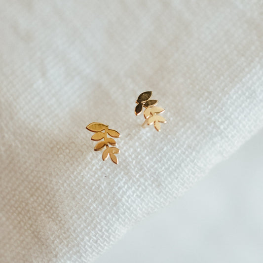 14k Solid Gold Tiny Leaf Studs - Quad Espresso Jewelry